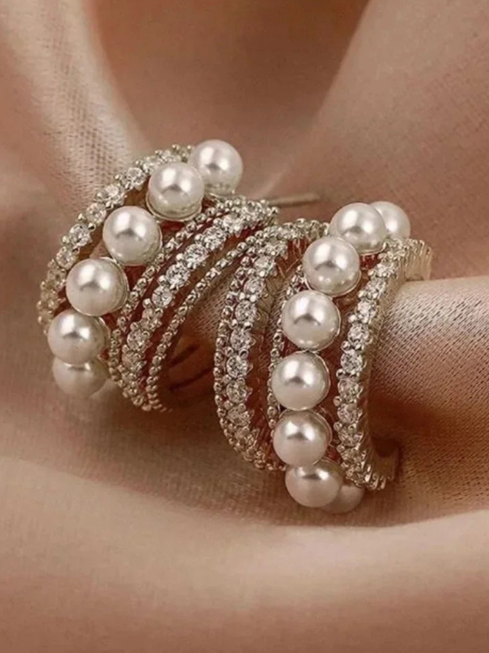 Elegant Pearl & Crystal Silver NWT Hoop Earrings - White Pearls
